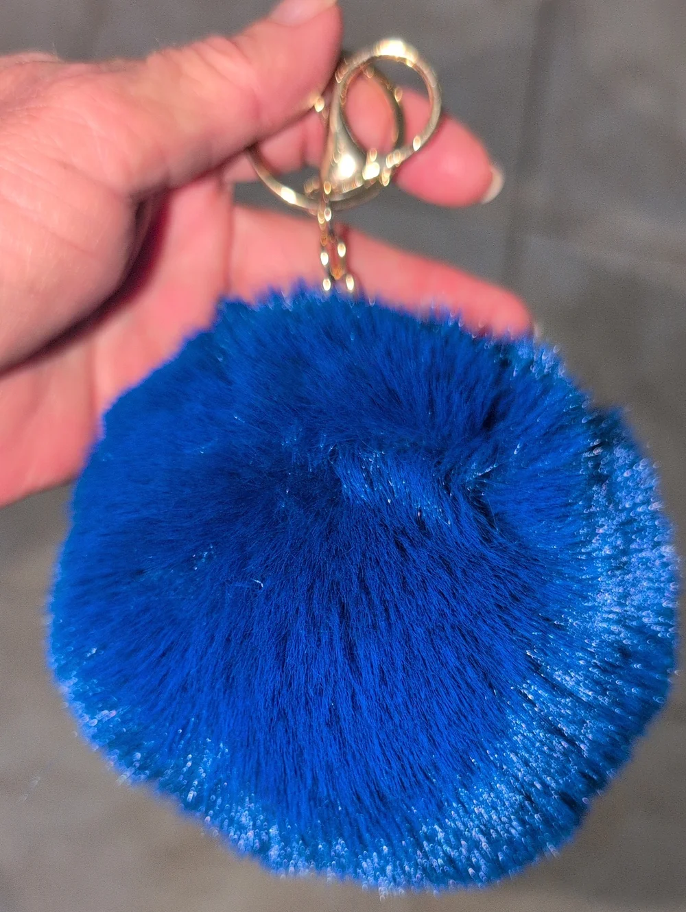 Blue Faux Fur Pom Pom Keychain with Gold Hardware